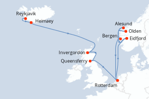 Carte itinéraire croisière Islande, Royaume-Uni, Pays-Bas, Norvège - 14 jours au départ de Reykjavik - Europe du Nord