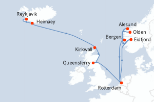 Carte itinéraire croisière Islande, Royaume-Uni, Pays-Bas, Norvège - 14 jours au départ de Reykjavik - Europe du Nord