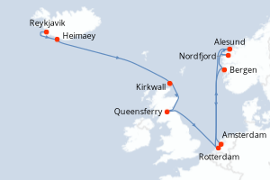 Carte itinéraire croisière Islande, Royaume-Uni, Norvège, Pays-Bas - 14 jours au départ de Reykjavik - Europe du Nord