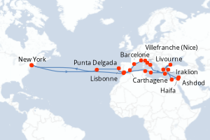 Carte itinéraire croisière États-Unis, Portugal, Espagne, France, Italie, Israël, Egypte, Turquie, Grèce, Malte, Tunisie, Royaume-Uni, Maroc - 44 jours au départ de New York - Amérique du Nord