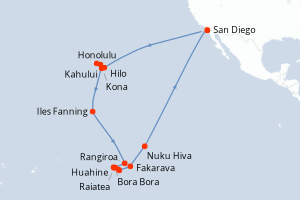 Carte itinéraire croisière États-Unis, Kiribati, France - 35 jours au départ de San Diego - Amérique du Nord