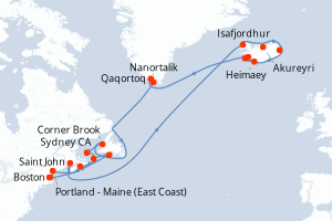 Carte itinéraire croisière États-Unis, Islande, Gröenland, Canada - 28 jours au départ de Boston - Amérique du Nord