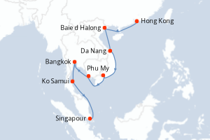 Carte itinéraire croisière Chine, Vietnam, Cambodge, Thaïlande, Singapour - 14 jours au départ de Hong Kong - Asie