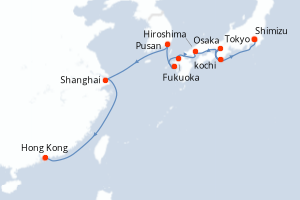 Carte itinéraire croisière Japon, Chine - 14 jours au départ de Tokyo - Asie