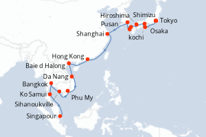 Carte itinéraire croisière Japon, Chine, Vietnam, Cambodge, Thaïlande, Singapour - 28 jours au départ de Tokyo - Asie
