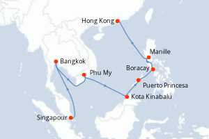 Carte itinéraire croisière Singapour, Thaïlande, Vietnam, Malaisie, Philippines, Chine - 14 jours au départ de Singapour - Asie