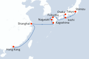 Carte itinéraire croisière Chine, Japon - 14 jours au départ de Hong Kong - Asie