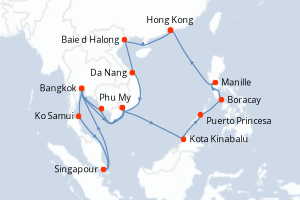 Carte itinéraire croisière Chine, Vietnam, Cambodge, Thaïlande, Singapour, Malaisie, Philippines - 28 jours au départ de Hong Kong - Asie