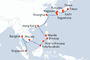 Carte itinéraire croisière Singapour, Thaïlande, Vietnam, Malaisie, Philippines, Chine, Japon - 28 jours au départ de Singapour - Asie
