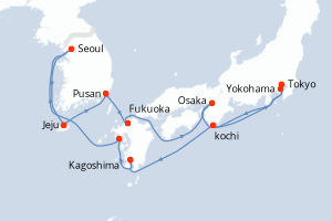 Carte itinéraire croisière Corée du Sud, Japon - 14 jours au départ de Tokyo - Asie