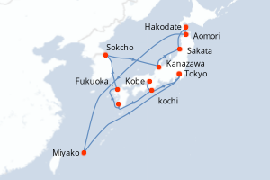 Carte itinéraire croisière Corée du Sud, Japon - 14 jours au départ de Tokyo - Asie