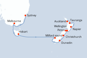 Carte itinéraire croisière Australie, Nouvelle-Zélande - 14 jours au départ de Sydney - Australie Nouvelle Zélande