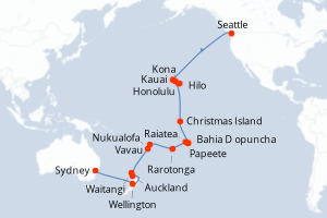 Carte itinéraire croisière États-Unis, Kiribati, France, Îles Cook, Tonga, Nouvelle-Zélande, Australie - 34 jours au départ de Seattle - Australie Nouvelle Zélande