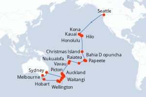 Carte itinéraire croisière États-Unis, Kiribati, France, Îles Cook, Tonga, Nouvelle-Zélande, Australie - 48 jours au départ de Seattle - Australie Nouvelle Zélande