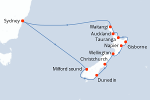 Carte itinéraire croisière Australie, Nouvelle-Zélande - 14 jours au départ de Sydney - Australie Nouvelle Zélande