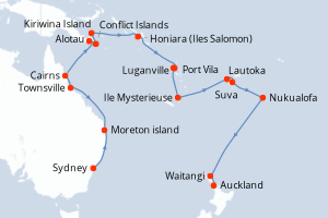 Carte itinéraire croisière Australie, Papouasie-Nouvelle-Guinée, Vanuatu, Fidji (Îles), Tonga, Nouvelle-Zélande - 26 jours au départ de Sydney - Australie Nouvelle Zélande