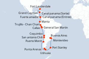 Carte itinéraire croisière Argentine, Uruguay, Îles Malouines, Chili, Pérou, Équateur, Panama, Caïmans (Îles), États-Unis - 31 jours au départ de Buenos Aires - Caraïbes Bahamas