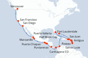 Carte itinéraire croisière États-Unis, Porto Rico, Antigua-et-Barbuda, Dominique, Sainte-Lucie, Bahamas, Colombie, Panama, Costa Rica, Salvador, Guatemala, Mexique, Canada - 34 jours au départ de Fort Lauderdale - Transatlantique