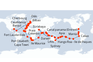 Carte itinéraire croisière États-Unis, Panama, Équateur, Pérou, Chili, France, Samoa, Fidji (Îles), Nouvelle-Calédonie, Australie, Indonésie, Singapour, Malaisie, Thaïlande, Sri Lanka, Maldives, Maurice, Afrique du Sud, Namibie, Royaume-Uni, Sénég - 129 jours au départ de Fort Lauderdale - Tour du Monde