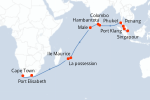 Carte itinéraire croisière Singapour, Malaisie, Thaïlande, Sri Lanka, Maldives, Maurice, France, Afrique du Sud - 22 jours au départ de Singapour - Afrique du Sud