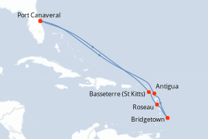 Carte itinéraire croisière États-Unis, Antigua-et-Barbuda, Barbade, Dominique, Royaume-Uni - 9 jours au départ de Port Canaveral - Caraïbes Bahamas