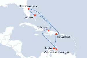 Carte itinéraire croisière États-Unis, Haïti, Pays-Bas, République Dominicaine, Bahamas - 9 jours au départ de Port Canaveral - Caraïbes Bahamas
