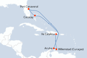 Carte itinéraire croisière États-Unis, Pays-Bas, République Dominicaine, Bahamas - 9 jours au départ de Port Canaveral - Caraïbes Bahamas
