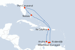 Carte itinéraire croisière États-Unis, Bahamas, République Dominicaine, Pays-Bas - 9 jours au départ de Port Canaveral - Caraïbes Bahamas