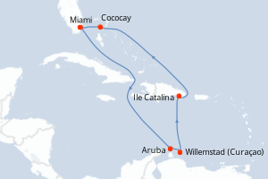Carte itinéraire croisière États-Unis, Pays-Bas, République Dominicaine, Bahamas - 9 jours au départ de Miami - Caraïbes Bahamas