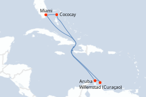 Carte itinéraire croisière États-Unis, Pays-Bas, Bahamas - 9 jours au départ de Miami - Caraïbes Bahamas