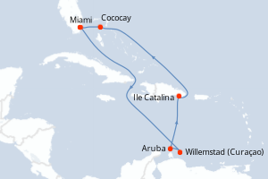 Carte itinéraire croisière États-Unis, Pays-Bas, République Dominicaine, Bahamas - 9 jours au départ de Miami - Caraïbes Bahamas