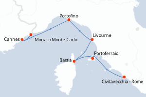 Carte itinéraire croisière Italie, France, Monaco - 7 jours au départ de Civitavecchia - Rome - Méditerranée
