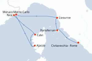 Carte itinéraire croisière Italie, Monaco, France - 7 jours au départ de Civitavecchia - Rome - Méditerranée