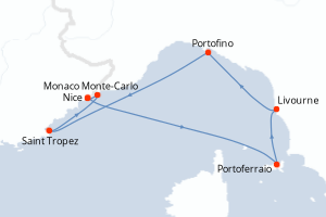 Carte itinéraire croisière France, Italie, Monaco - 7 jours au départ de Nice - Méditerranée