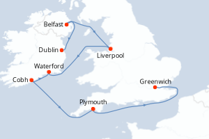 Carte itinéraire croisière Irlande, Royaume-Uni - 7 jours au départ de Dublin - Europe du Nord