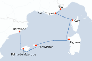 Carte itinéraire croisière Espagne, Italie, France - 7 jours au départ de Barcelone - Méditerranée
