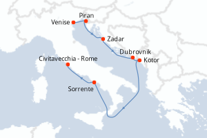 Carte itinéraire croisière Italie, Slovénie, Croatie, Monténégro - 7 jours au départ de Venise - Méditerranée