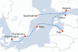 Carte itinéraire croisière Suède, Estonie, Finlande, Lettonie, Danemark - 7 jours au départ de Stockholm - Europe du Nord