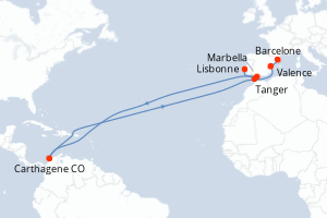 Carte itinéraire croisière Portugal, Maroc, Espagne, Colombie - 6 jours au départ de Lisbonne - Méditerranée