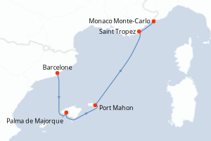 Carte itinéraire croisière Espagne, France, Monaco - 4 jours au départ de Barcelone - Méditerranée