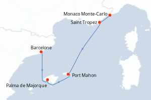 Carte itinéraire croisière Monaco, France, Espagne - 5 jours au départ de Monaco Monte-Carlo - Méditerranée