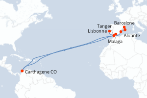 Carte itinéraire croisière Espagne, Colombie, Maroc, Portugal - 7 jours au départ de Barcelone - Atlantique