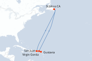 Carte itinéraire croisière Porto Rico, Canada, Royaume-Uni - 4 jours au départ de San Juan - Caraïbes Bahamas