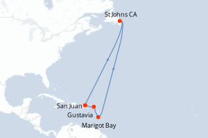 Carte itinéraire croisière Porto Rico, Royaume-Uni, Sainte-Lucie, Canada - 4 jours au départ de San Juan - Caraïbes Bahamas