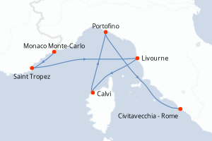 Carte itinéraire croisière Monaco, France, Italie - 6 jours au départ de Monaco Monte-Carlo - Méditerranée