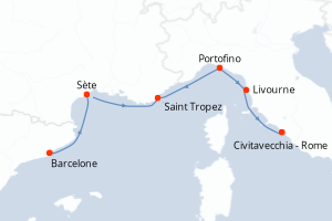Carte itinéraire croisière Espagne, France, Italie - 5 jours au départ de Barcelone - Méditerranée