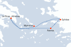 Carte itinéraire croisière Grèce, Turquie - 4 jours au départ de Le Piree - Athenes - Méditerranée