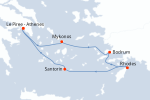 Carte itinéraire croisière Grèce, Turquie - 5 jours au départ de Le Piree - Athenes - Méditerranée