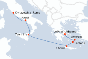 Carte itinéraire croisière Grèce, Italie - 7 jours au départ de Le Piree - Athenes - Méditerranée