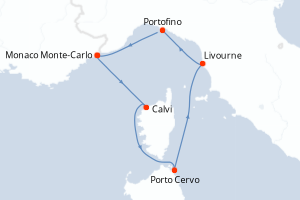 Carte itinéraire croisière Monaco, France, Italie - 5 jours au départ de Monaco Monte-Carlo - Méditerranée